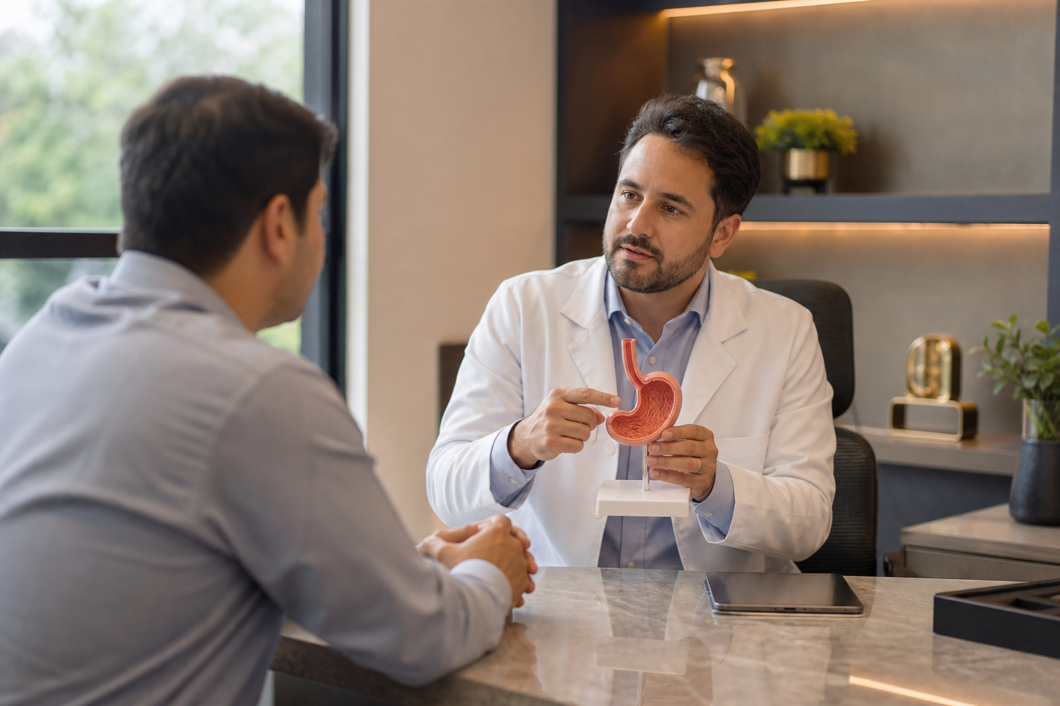 Consulta em que um gastroenterologista explica a saúde do estômago a um paciente
