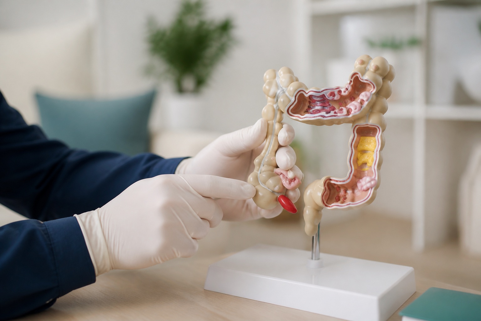 Profissional explicando a anatomia do intestino grosso