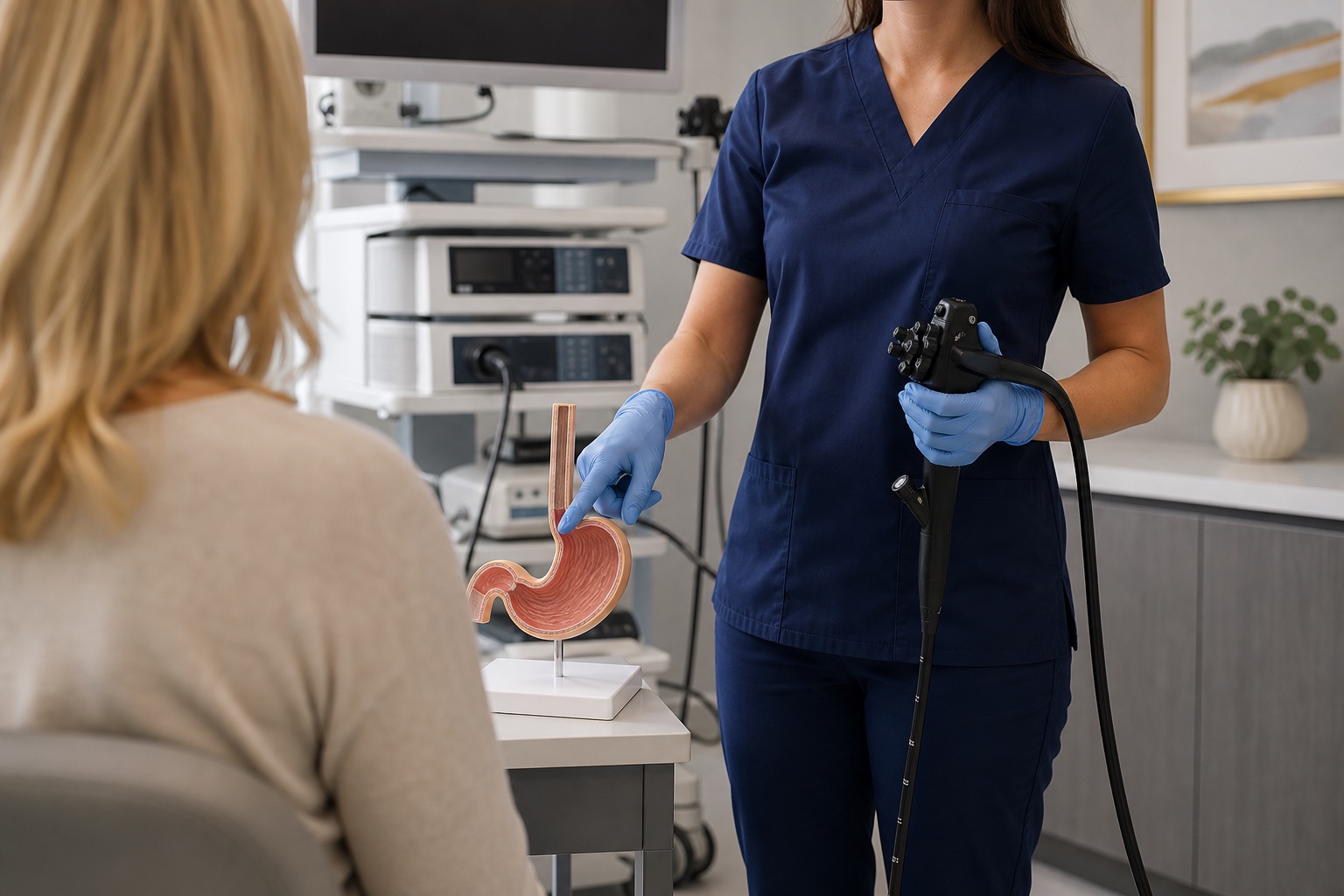 Profissional explicando a endoscopia digestiva com equipamento e modelo do estômago