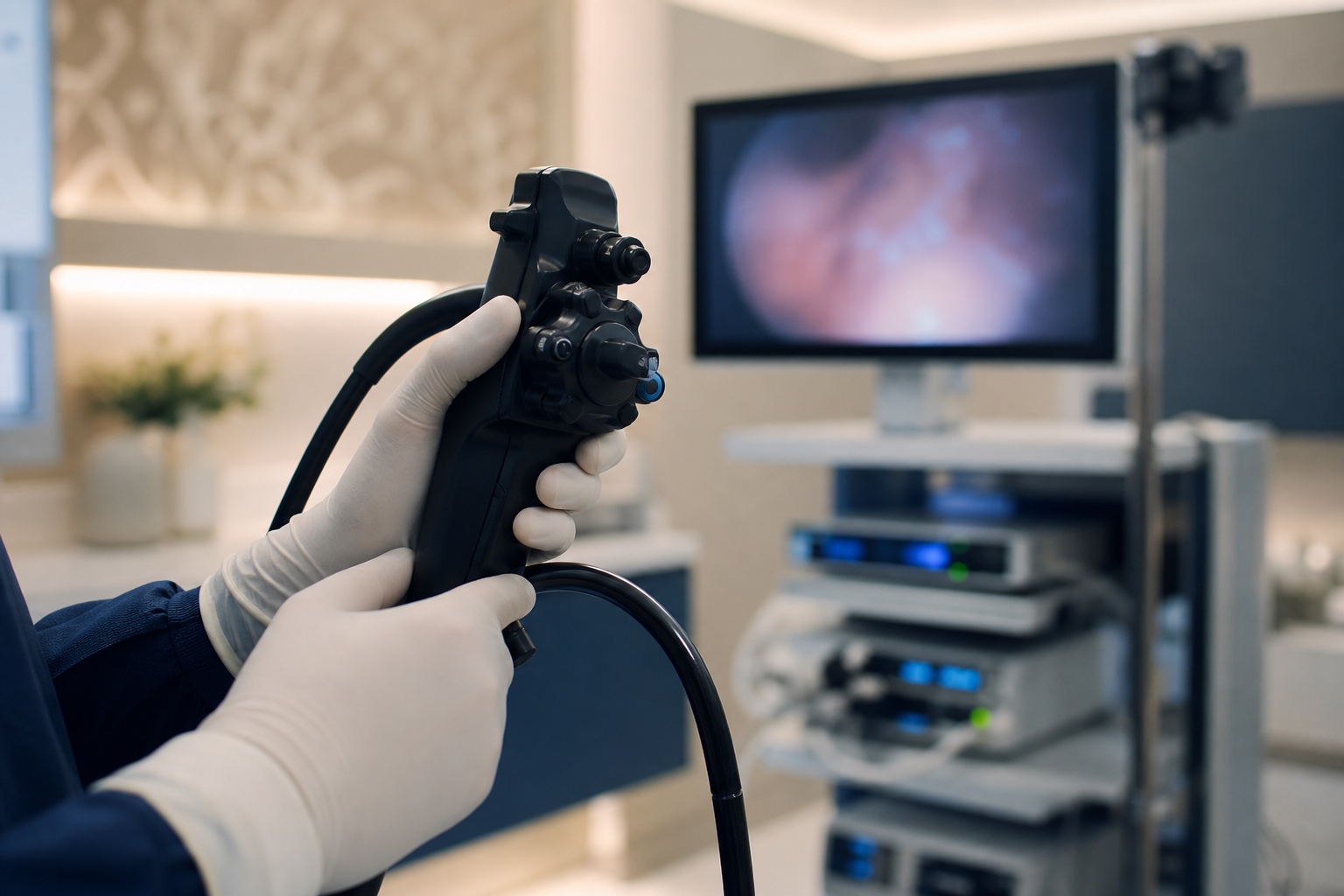 Equipamento de endoscopia digestiva em sala de exames