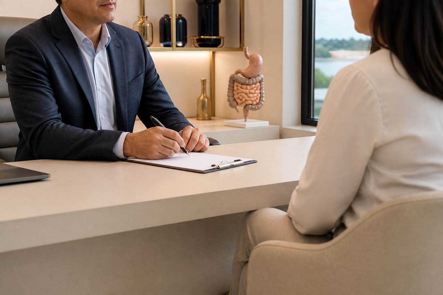 Consulta médica com escuta e registro dos sintomas digestivos