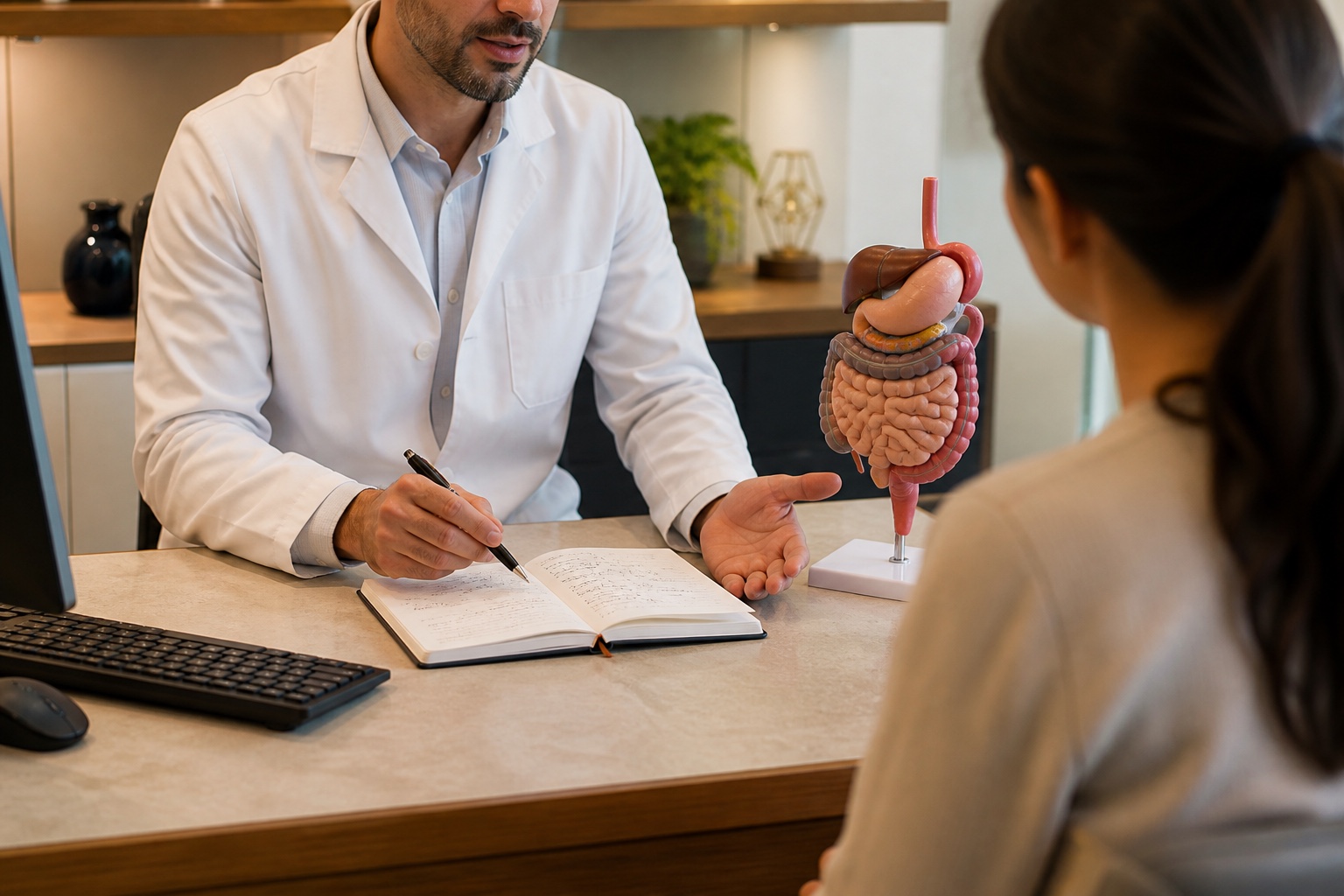 Médico orientando uma paciente sobre sintomas digestivos com apoio de modelo anatômico