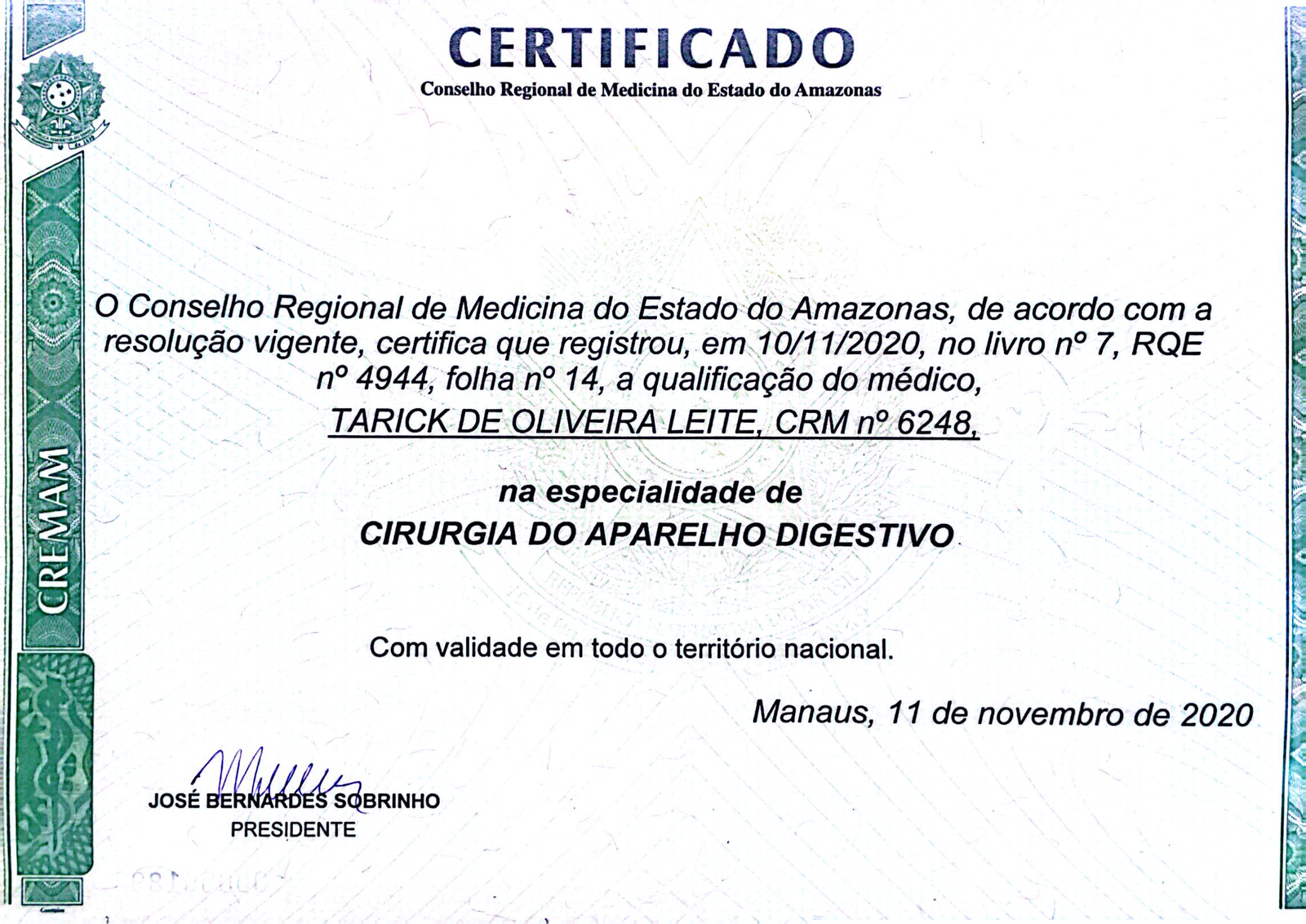 certificado cirurgia do ap digestivo